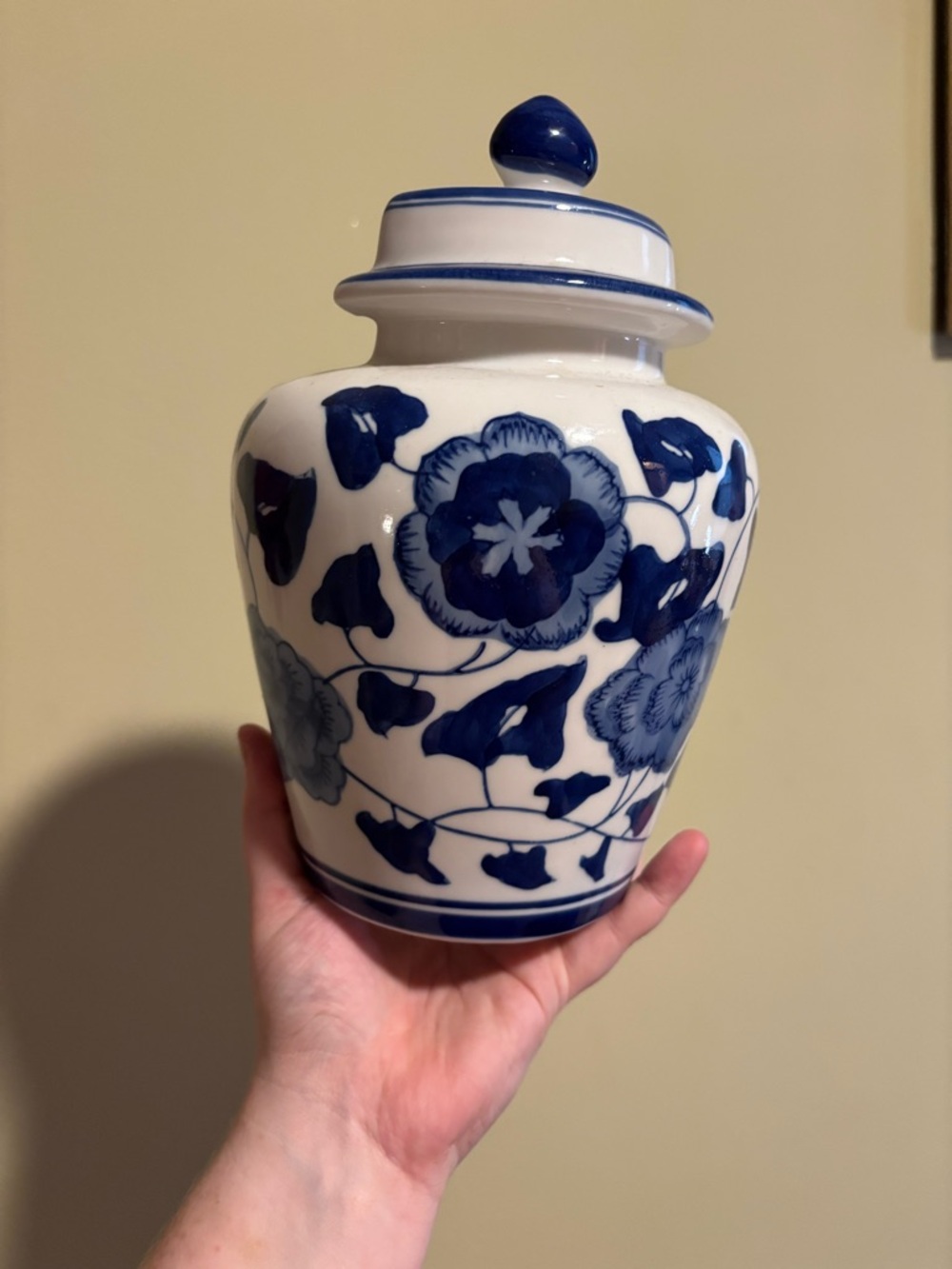 1990s Boston Warehouse Blue Floral Ginger Jar vase/ canister